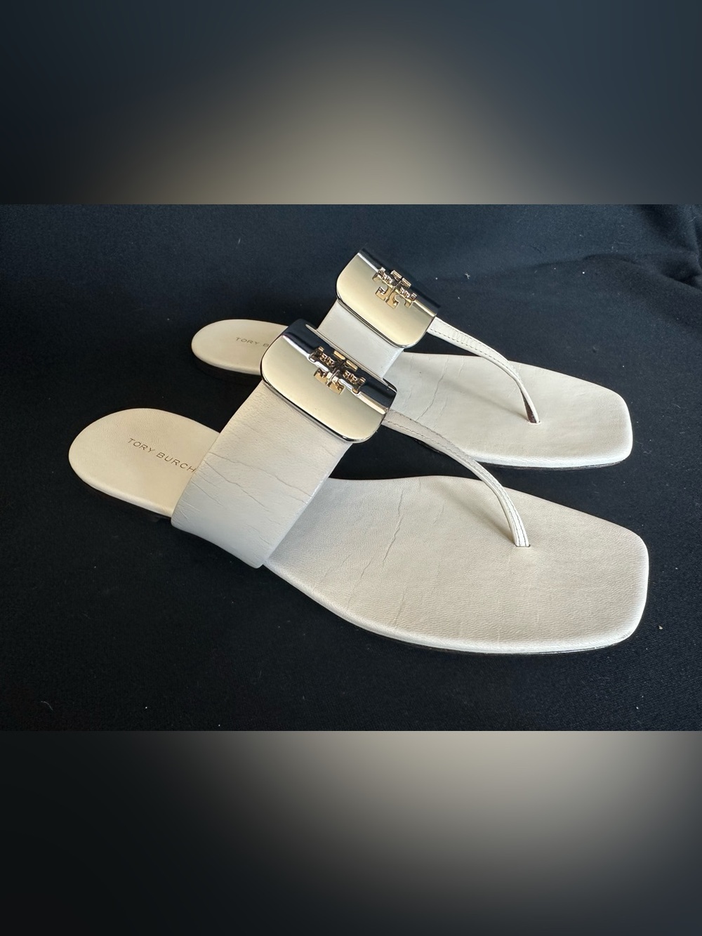 Tory Burch Georgia Ivory Leather Logo Thong Sandals with Gold Accent 8.5 square - Picture 14 of 14